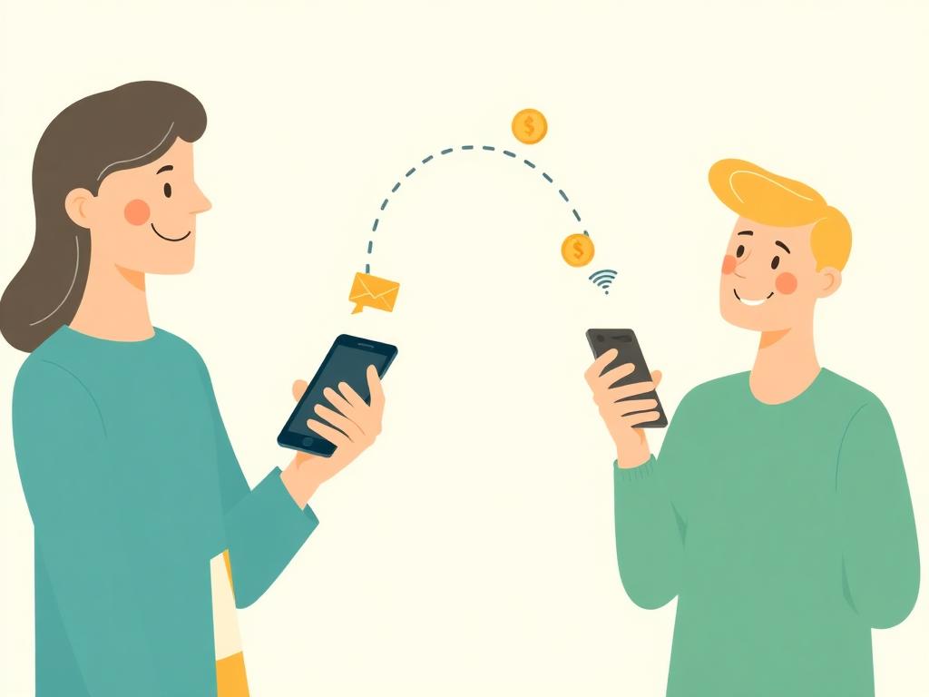 One person sharing 1House with another by phone message, with coins showing earnings from the referral
