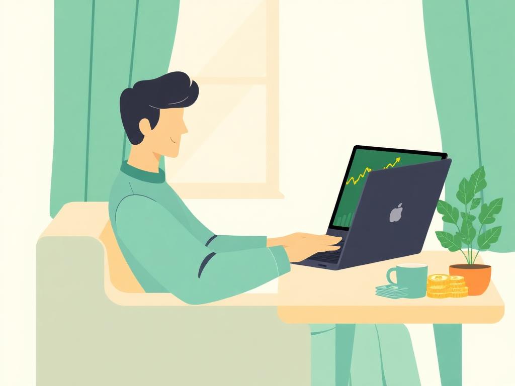 A person at home using a laptop that shows a rising trading chart, with coins and cash beside it