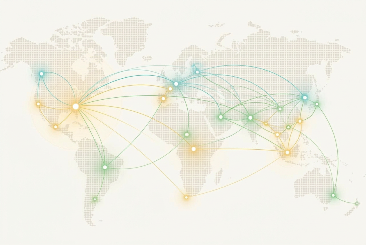 A world map showing shared knowledge spreading from the United States outward to distant places across the globe
